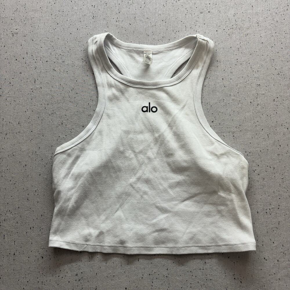Alo Yoga Aspire Cropped Ribbed Tank Top White Black Logo Women's Size Medium